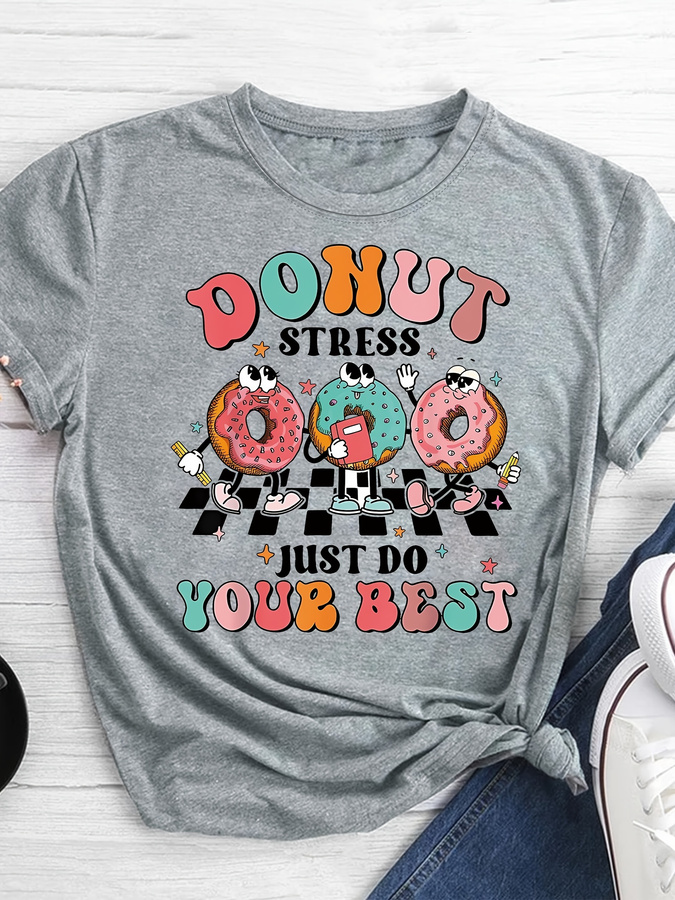Street Fashion Trends 2026 - Cartoon Donut Print T-shirt, Short Sleeve
