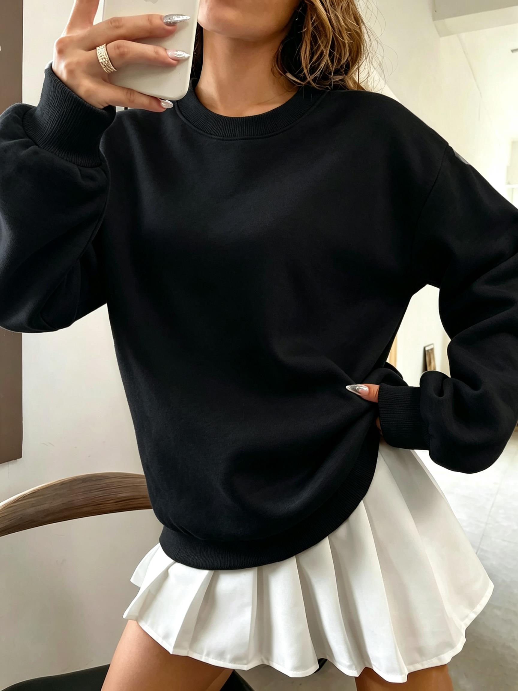 Oversized Crewneck Fleece - Korean Oversized Solid Color Women Streetwear