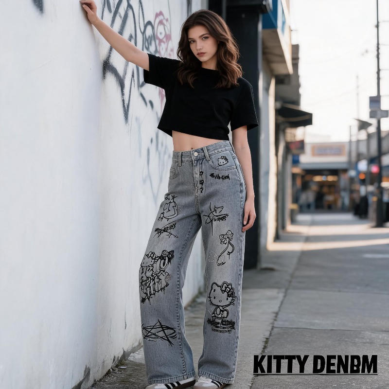 Cute Keiokitty Rhinestone Graf - Street Fashion Jeans Women review and price