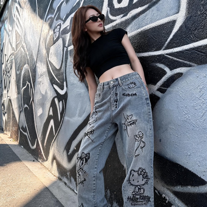 Cute Keiokitty Rhinestone Graf - Street Fashion Jeans Women review and price